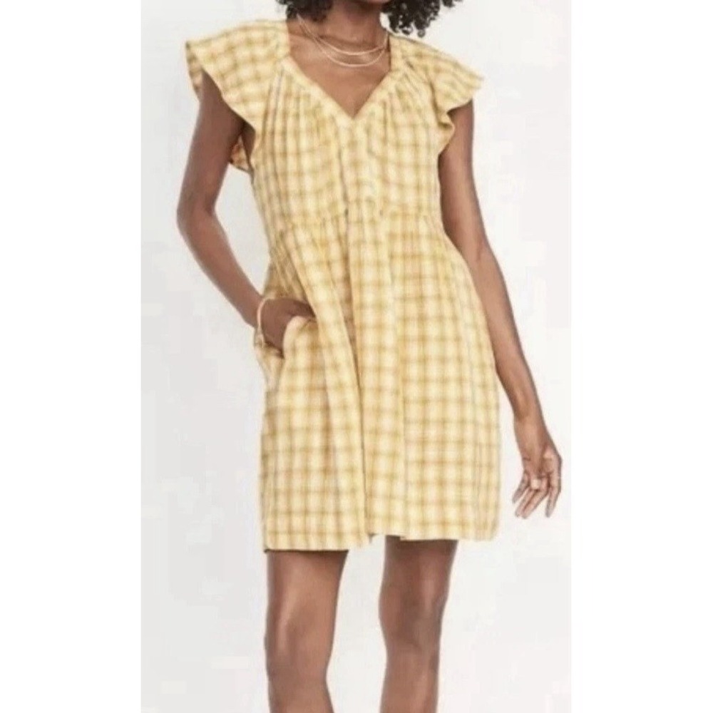Old Navy Yellow Tiered Mini Dress Flutter Sleeve V-Neck Pockets 2X Boho NWT